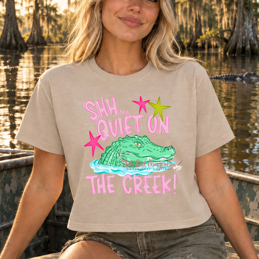 Shh Quiet on the Creek alligator graphic crop tee in sand
