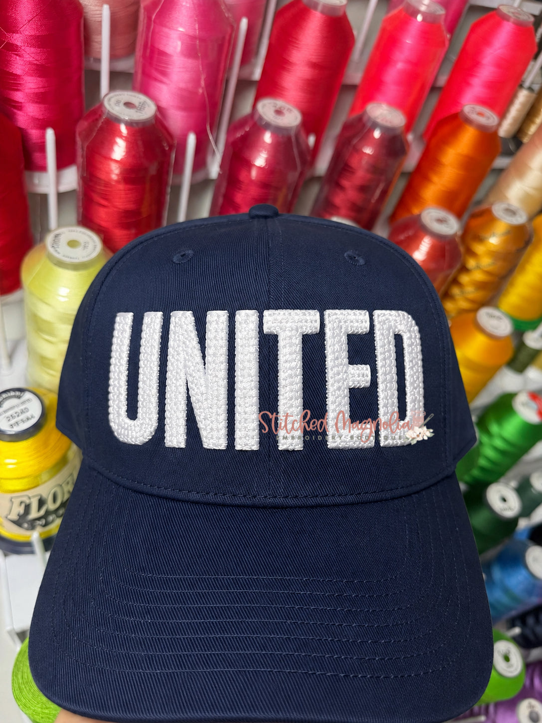 United Chain Stitch Puff Embroidered Hat | Navy Structured Baseball Cap