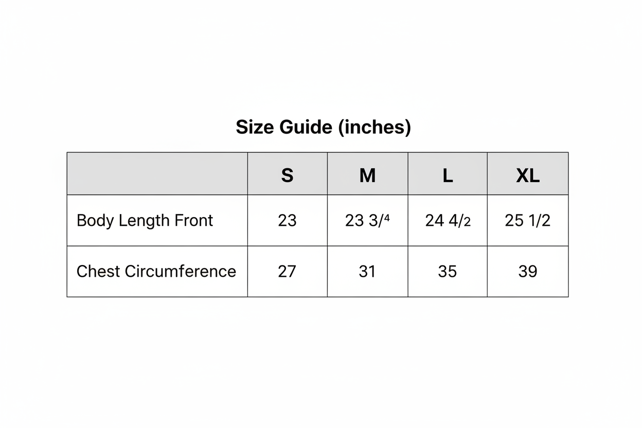 Size Guide - Body Length Front and Chest Circumference measurements for S, M, L, XL