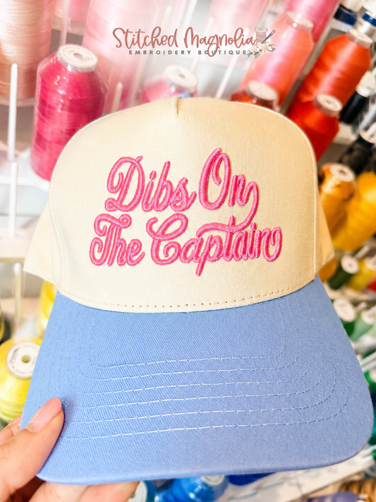 Dibs On The Captain Puff Embroidery Trucker Hat | Two-Tone Cream & Blue