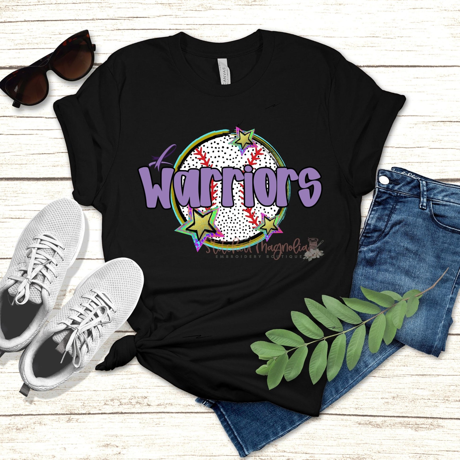 Warriors Baseball Tee in black with DTF graphic design