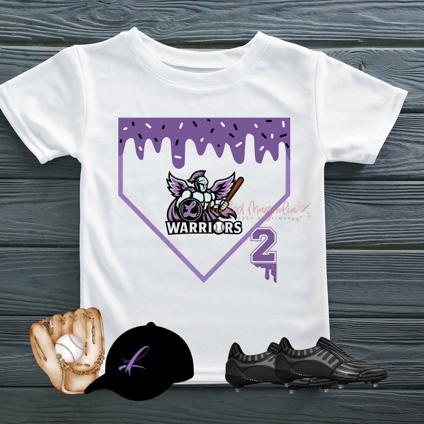 Warriors Baseball Boys Drip Dri-Fit Tee in white with custom number 2