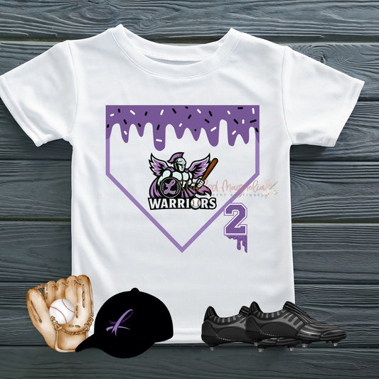 Warriors Baseball Boys Drip Dri-Fit Tee in white with custom number 2