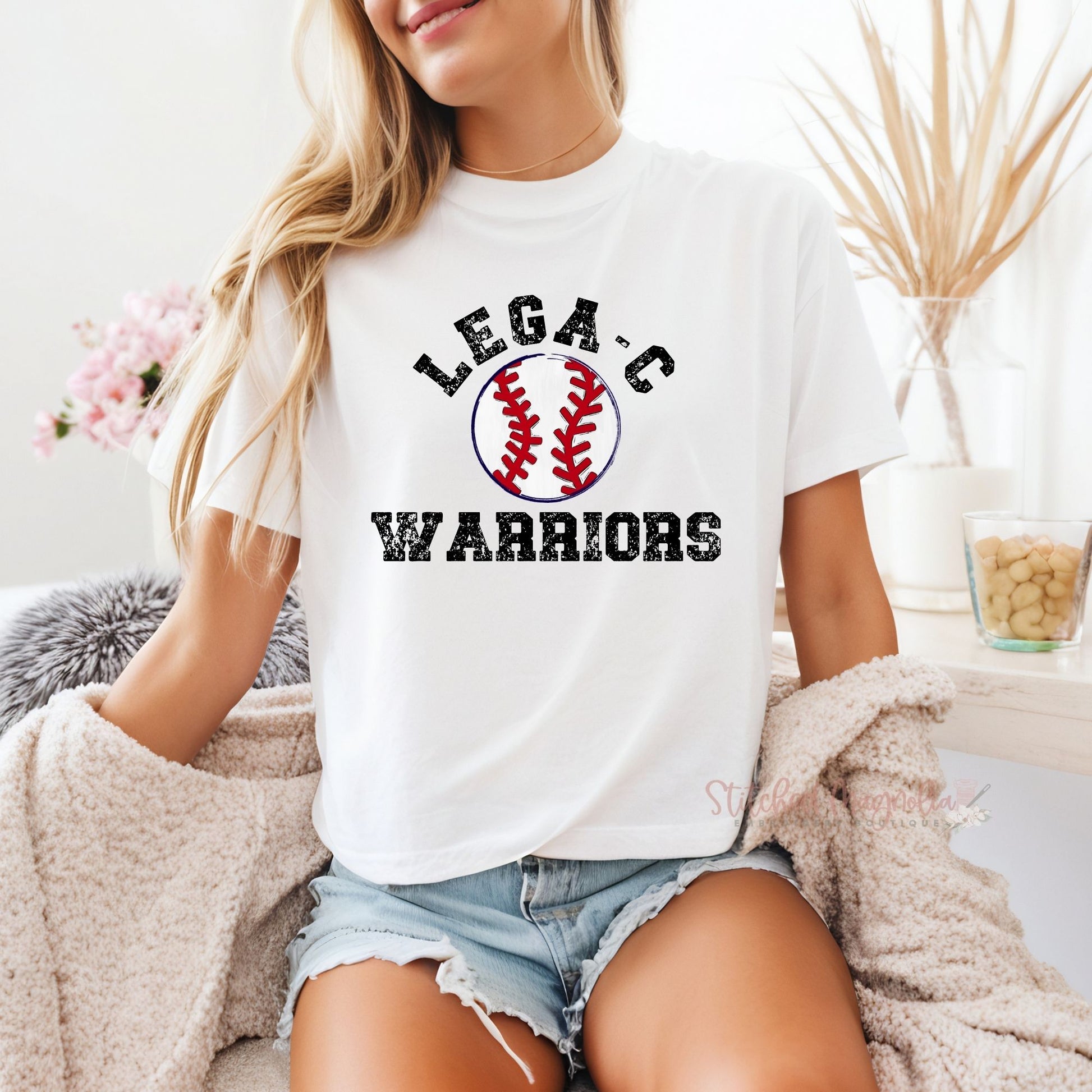 Lega-C Warriors Baseball Boxy Tee in white with distressed DTF graphic