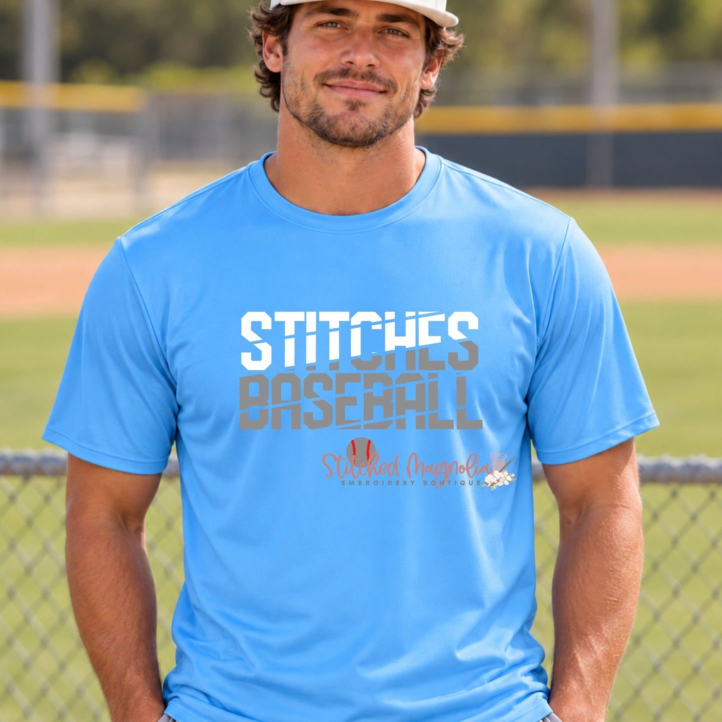 Stitches Baseball Performance T-Shirt – Blue White & Gray Slash