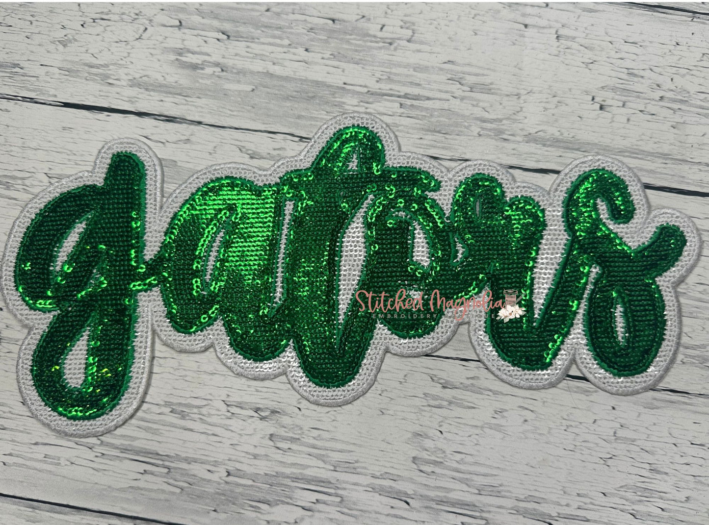 11" Gators Handwritten Kelly Green Sequin Patch