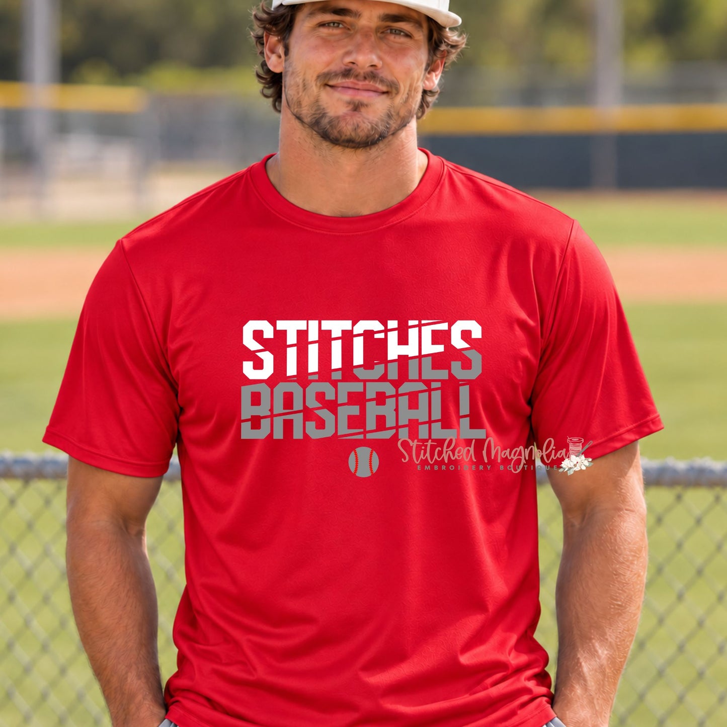 Stitches Baseball Performance T-Shirt – Red White & Gray Slash