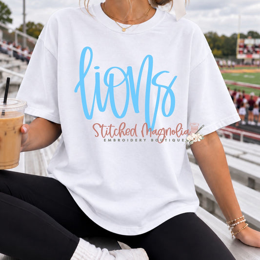 Lions Comfort Colors Tee – White with Columbia Blue Script
