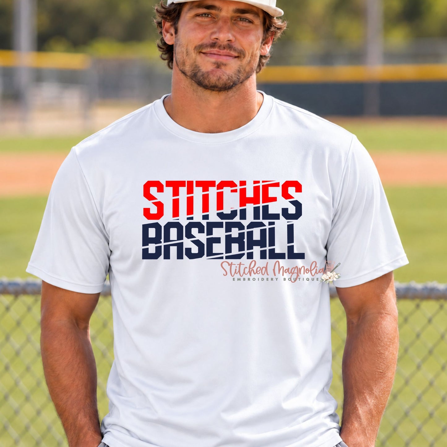 Stitches Baseball Performance T-Shirt – White Red & Navy Slash