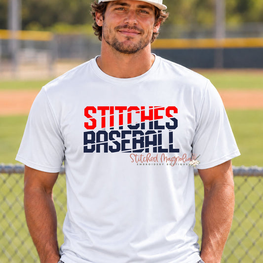 Stitches Baseball Performance T-Shirt – White Red & Navy Slash