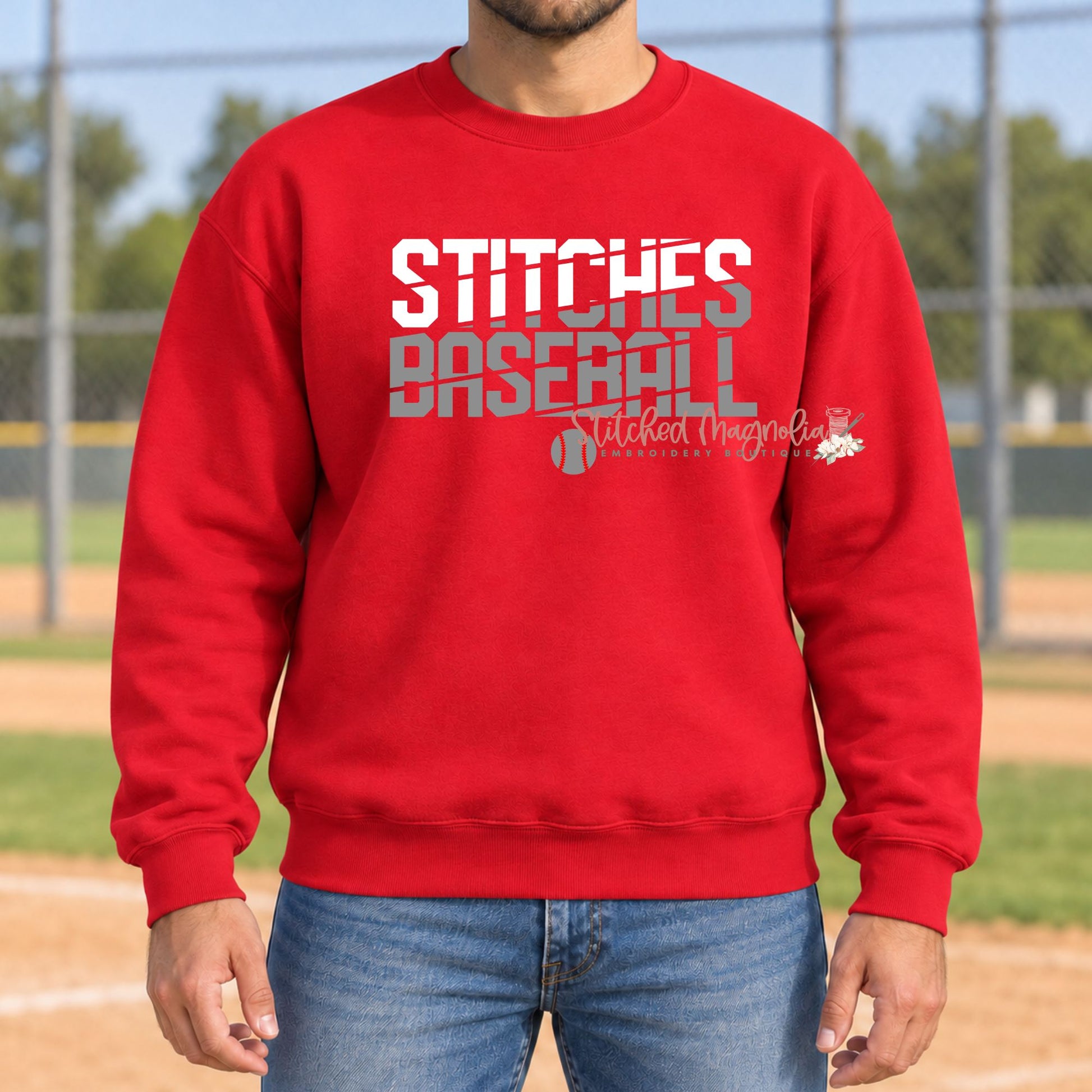 Red Stitches Baseball crewneck sweatshirt with white and gray slash lettering and a small baseball graphic.