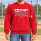 Red Stitches Baseball crewneck sweatshirt with white and gray slash lettering and a small baseball graphic.