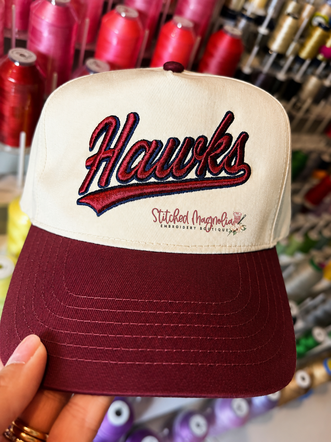 Hawks Puff Embroidery Snapback Hat Maroon/Khaki