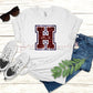 Hannan Hawks Faux Sequin H Lettermark Tee - maroon glitter H on white Bella Canvas tee