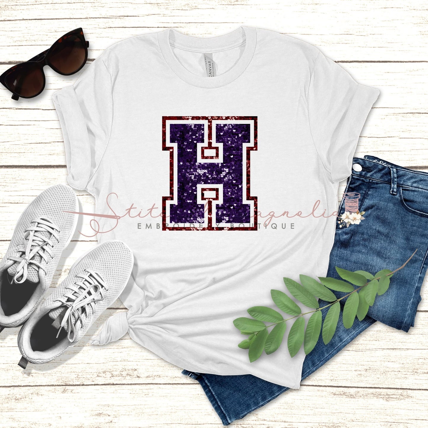 Hannan Hawks Faux Sequin H Lettermark Tee | Purple