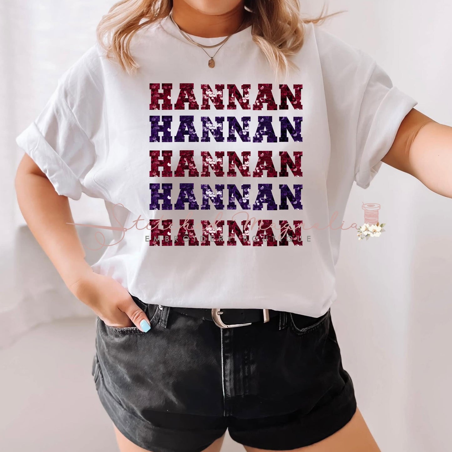 Hannan Hawks Stacked Faux Sequin Wordmark Tee