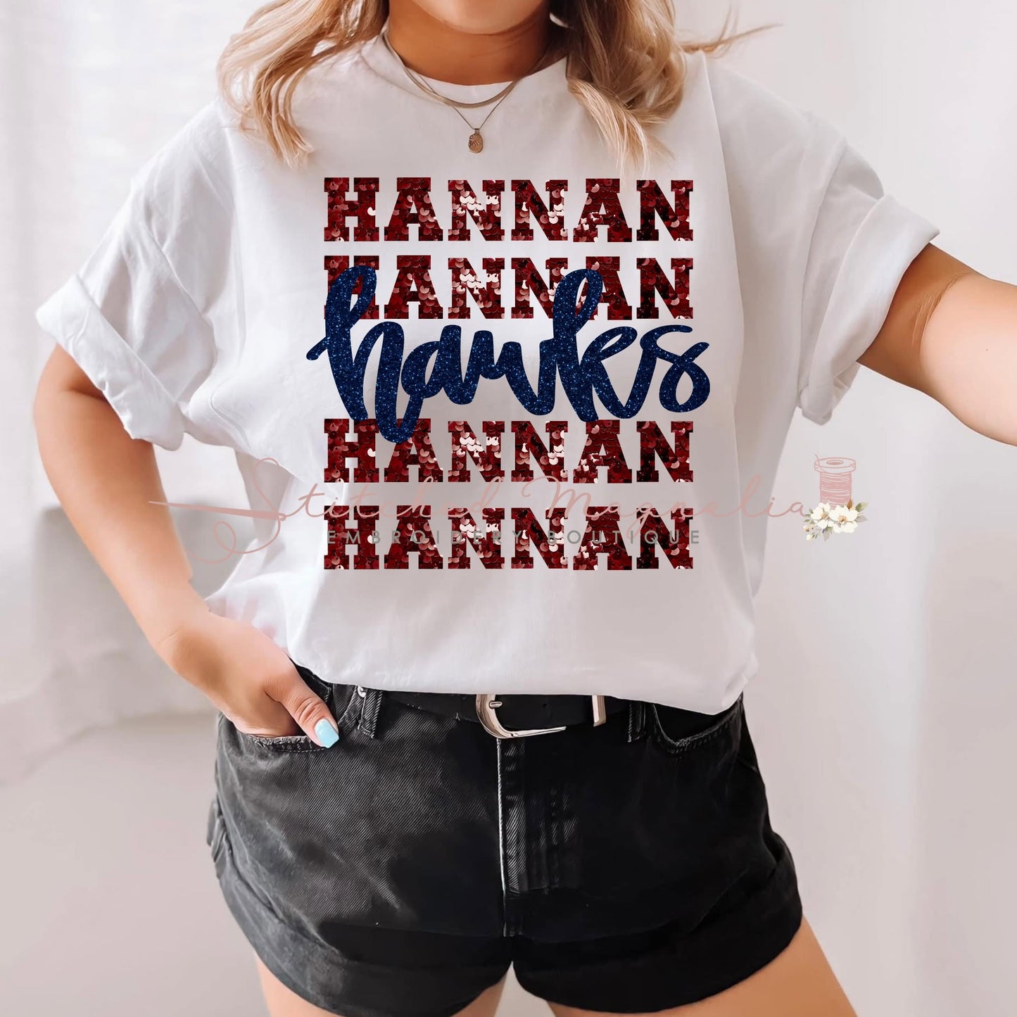 Hannan Hawks Stacked Faux Sequin Wordmark with Script Tee