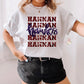 Hannan Hawks Stacked Faux Sequin Wordmark with Purple Script Tee