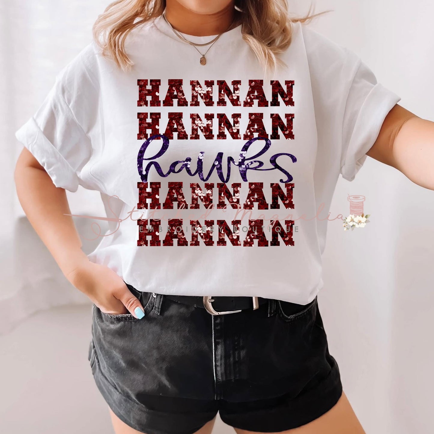 Hannan Hawks Stacked Maroon Sequin Wordmark with Navy Script Tee