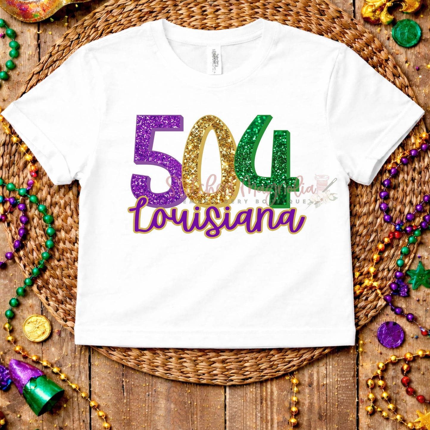 504 Louisiana Mardi Gras Tee | New Orleans Area Code | Purple Green Gold Glitter Design