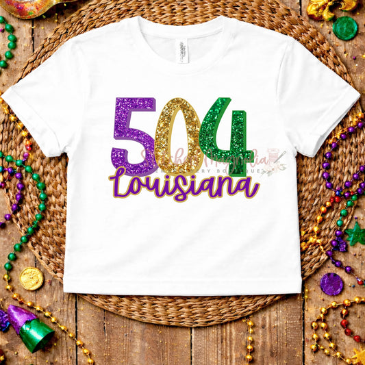 504 Louisiana Mardi Gras Tee | New Orleans Area Code | Purple Green Gold Glitter Design