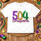 504 Louisiana Mardi Gras Tee | New Orleans Area Code | Purple Green Gold Glitter Design
