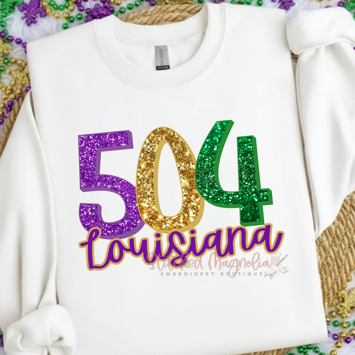 504 Louisiana New Orleans Sweatshirt | Glitter Purple Green Gold Area Code | Louisiana NOLA Pride