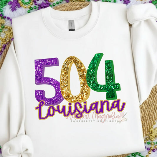 504 Louisiana New Orleans Sweatshirt | Glitter Purple Green Gold Area Code | Louisiana NOLA Pride