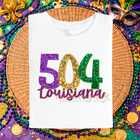 504 Louisiana Mardi Gras Tee | New Orleans Area Code | Purple Green Gold Glitter Design