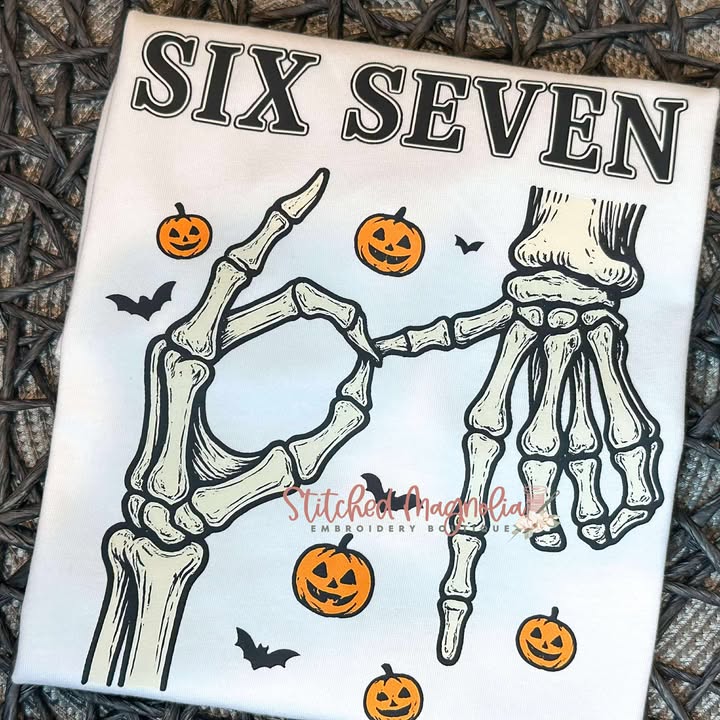 Six Seven Halloween Youth Shirt | Skeleton Hands with Pumpkins