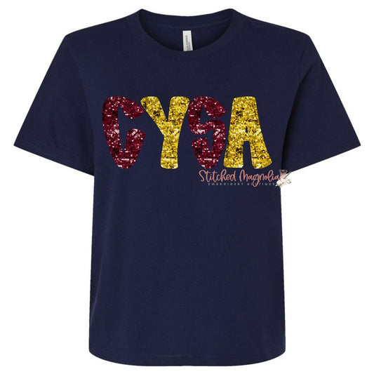 CYSA Glitter T-Shirt - Burgundy & Gold Faux Sequin Design
