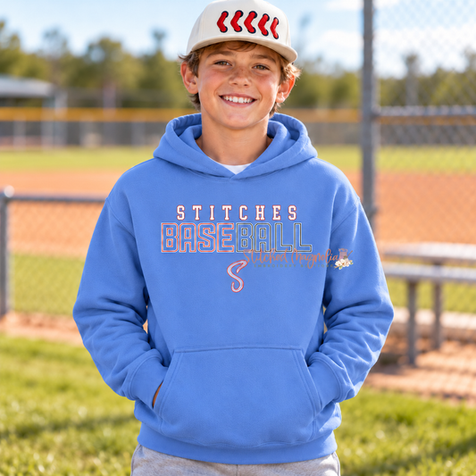 Boy wearing a periwinkle blue Stitches Baseball pullover hoodie with outlined team lettering and a front kangaroo pocket.