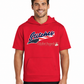 Adult male wearing red Stitches America short sleeve hoodie with navy script and American flag swoosh by Stitched Magnolia