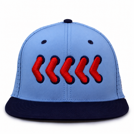 Front of Columbia blue and navy Stitches The Game hat with raised red puff stitches outlined in navy