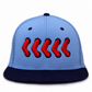 Front of Columbia blue and navy Stitches The Game hat with raised red puff stitches outlined in navy