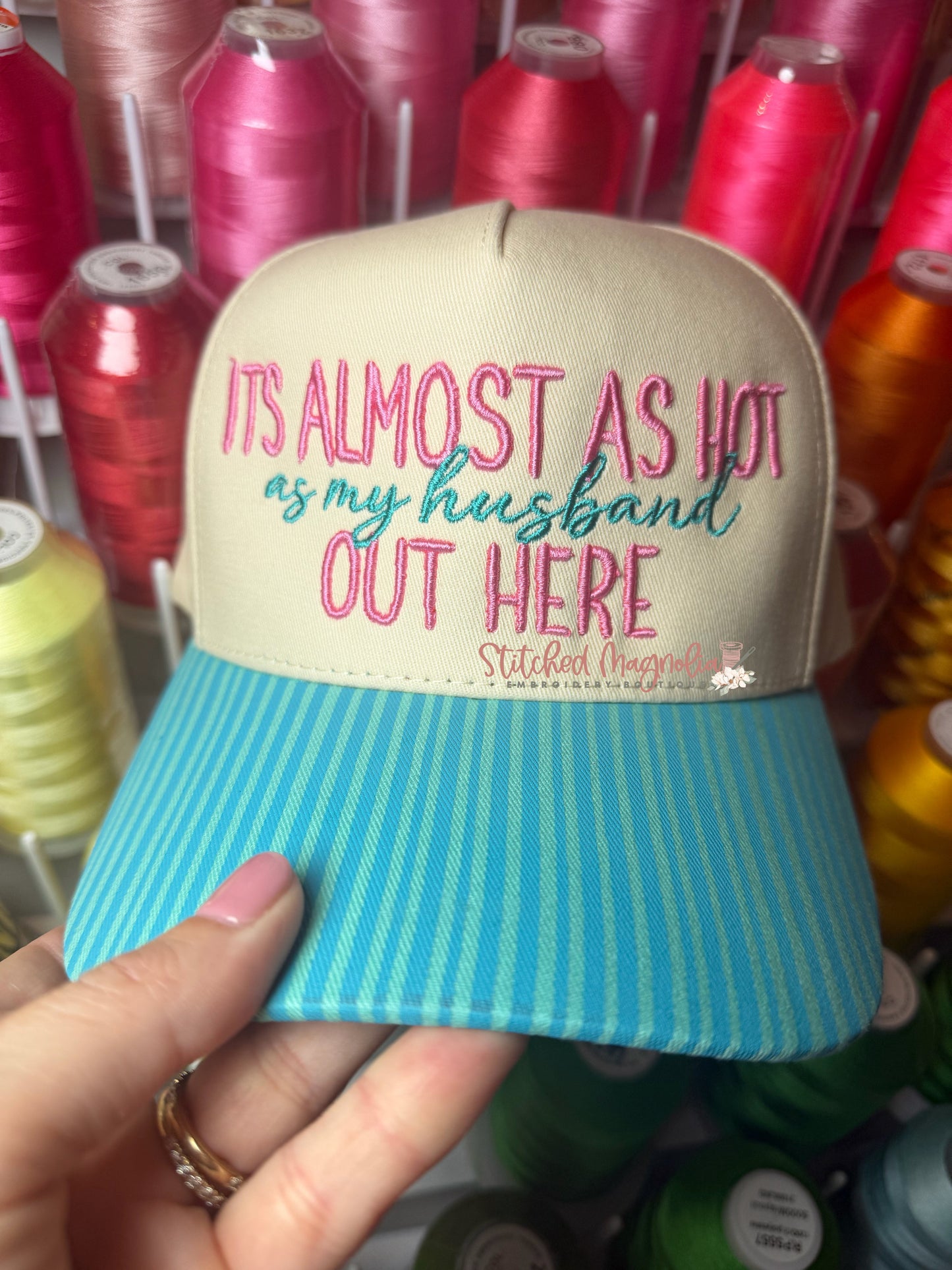 It's Almost As Hot As My Husband Out Here – Stripe Bill Hat (Puff Edition)
