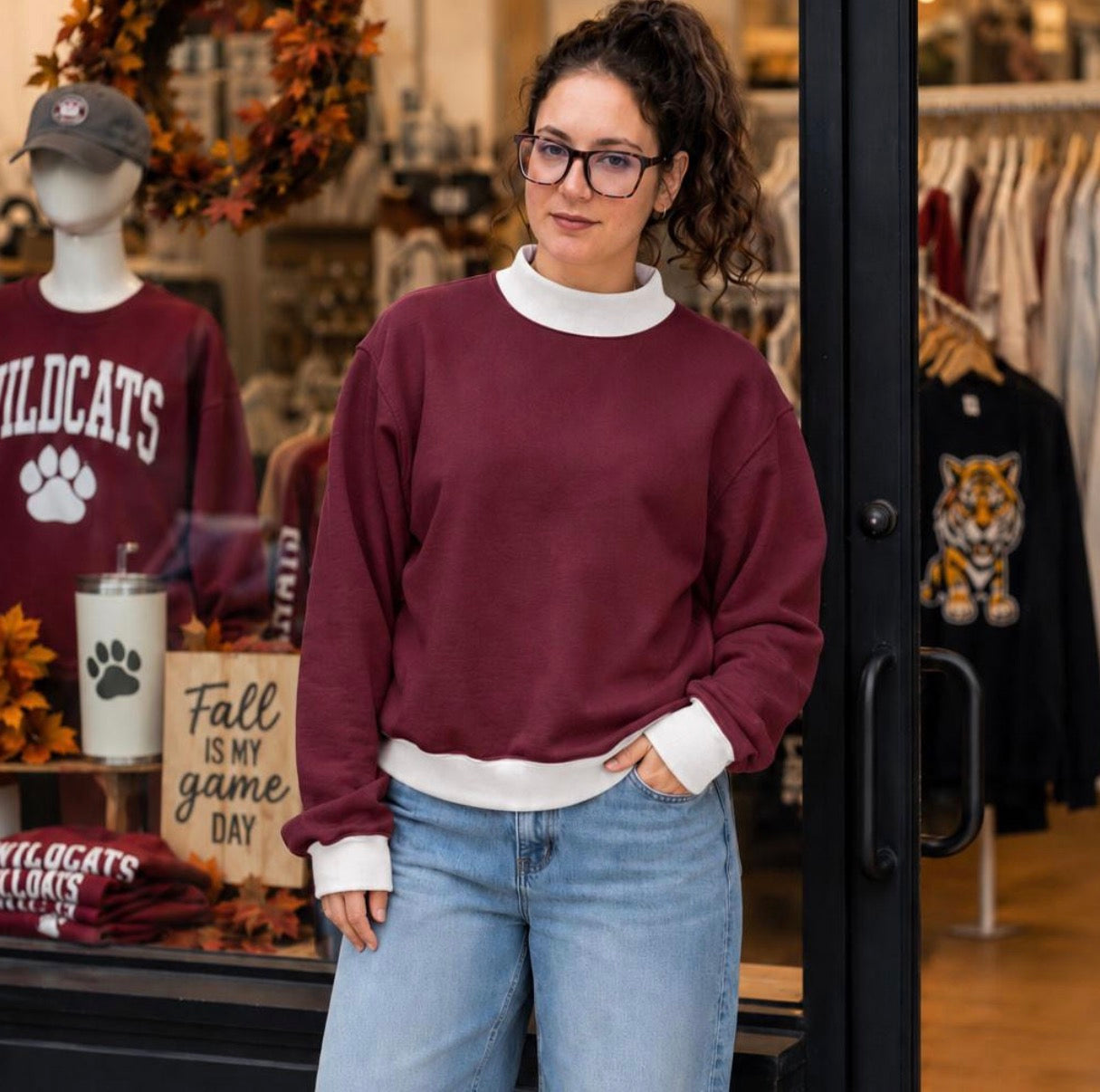 Model wearing navy and white contrast mock neck sweatshirt