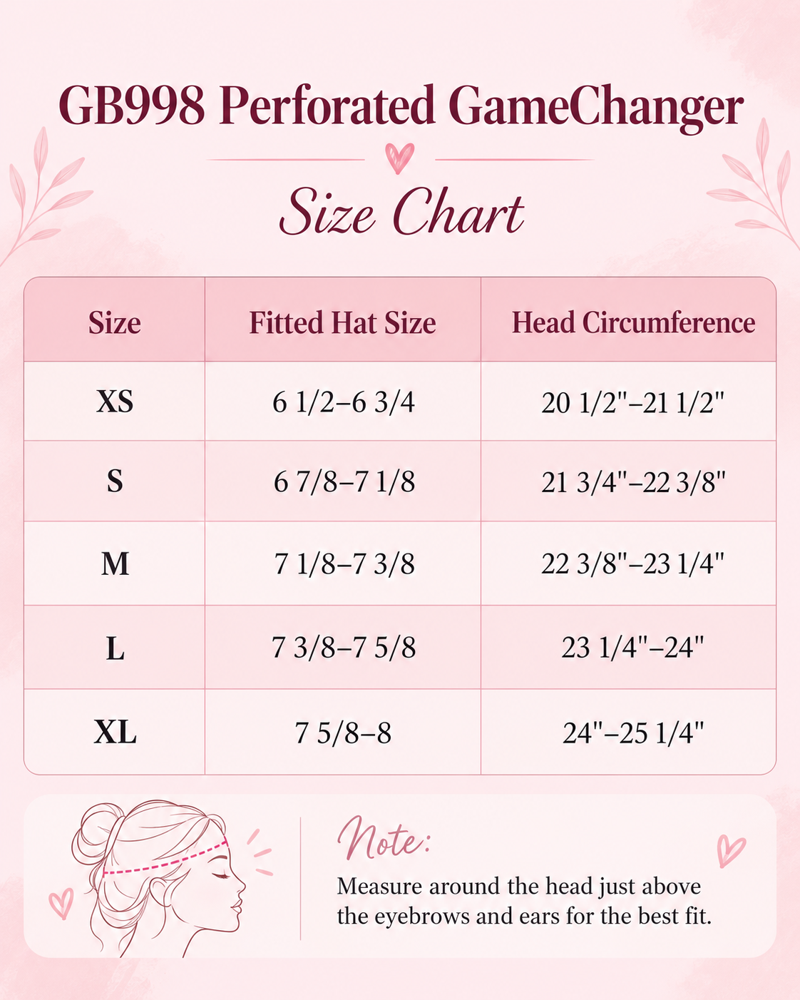 GB998 Perforated GameChanger size chart with fitted hat sizes and head circumference measurements for XS through XL