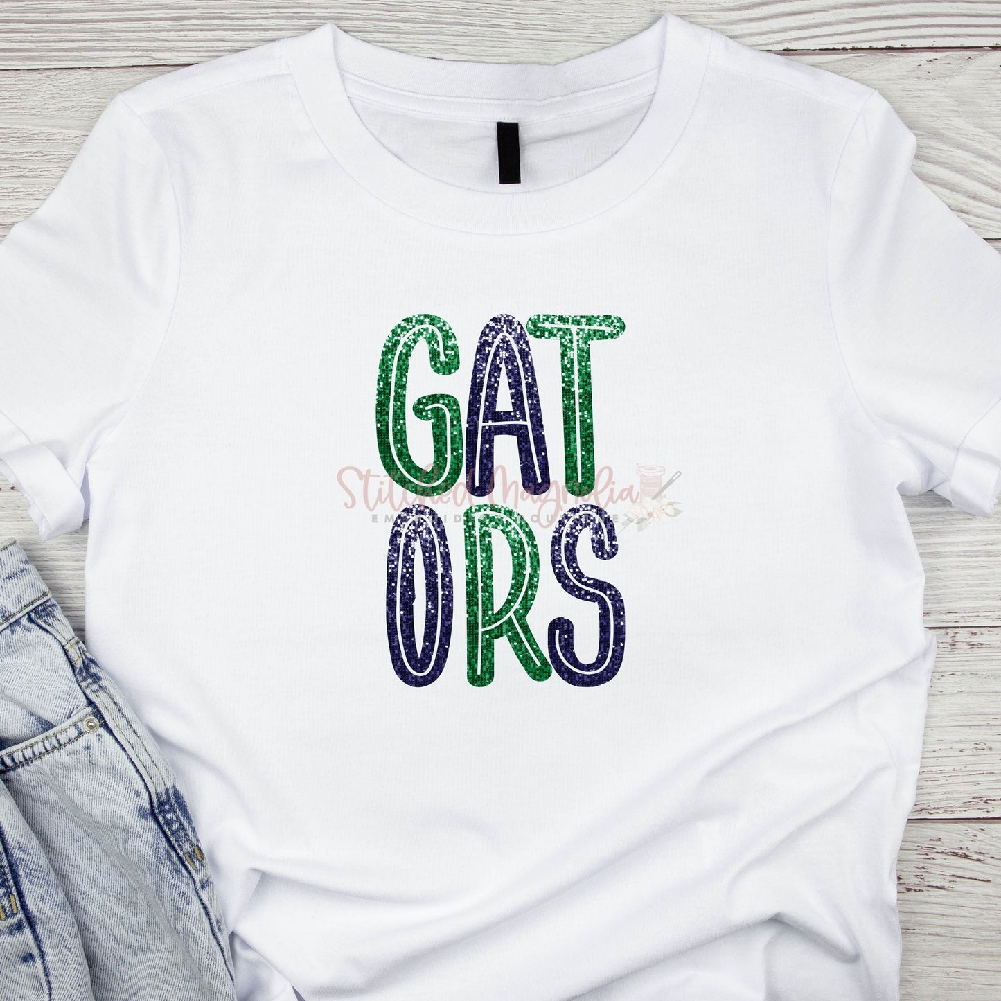 Coquille MYB Gators Faux Glitter Strike Through Font Stacked Tee | Unisex