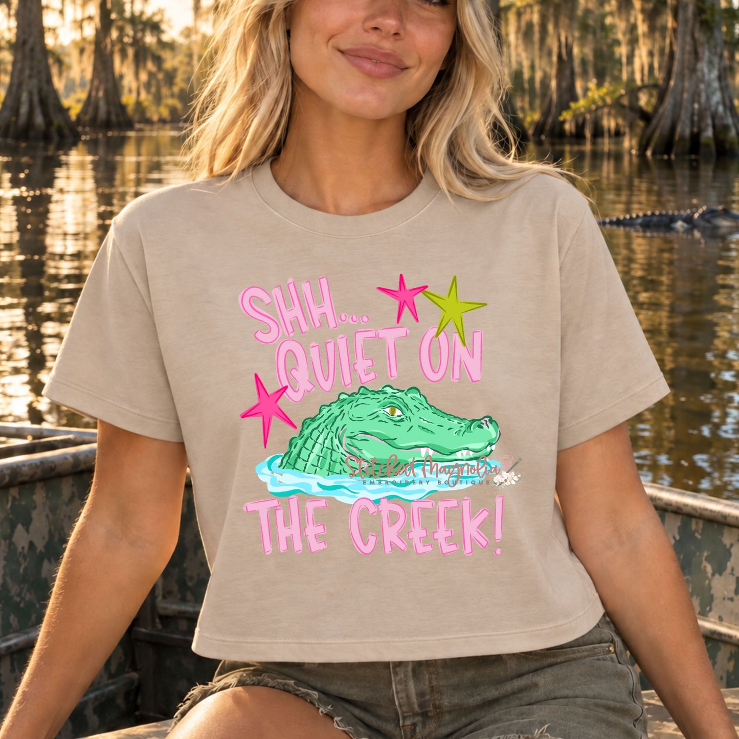 Shh Quiet on the Creek alligator graphic crop tee in sand