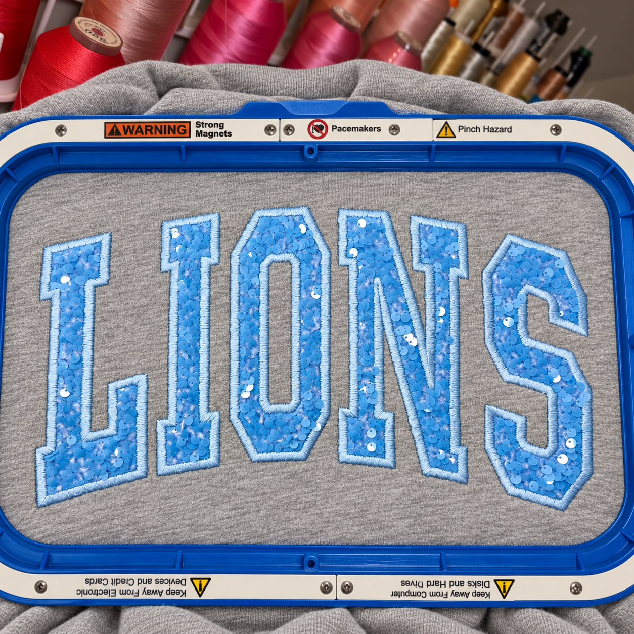 Lions Embroidered Applique Sequin Sweatshirt Sport Gray