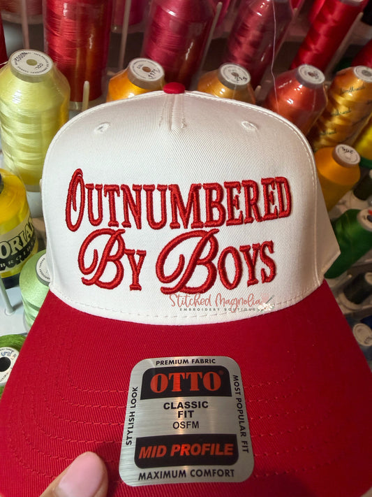 Outnumbered By Boys Embroidered Snapback Hat | Boy Mom Gift | White & Red