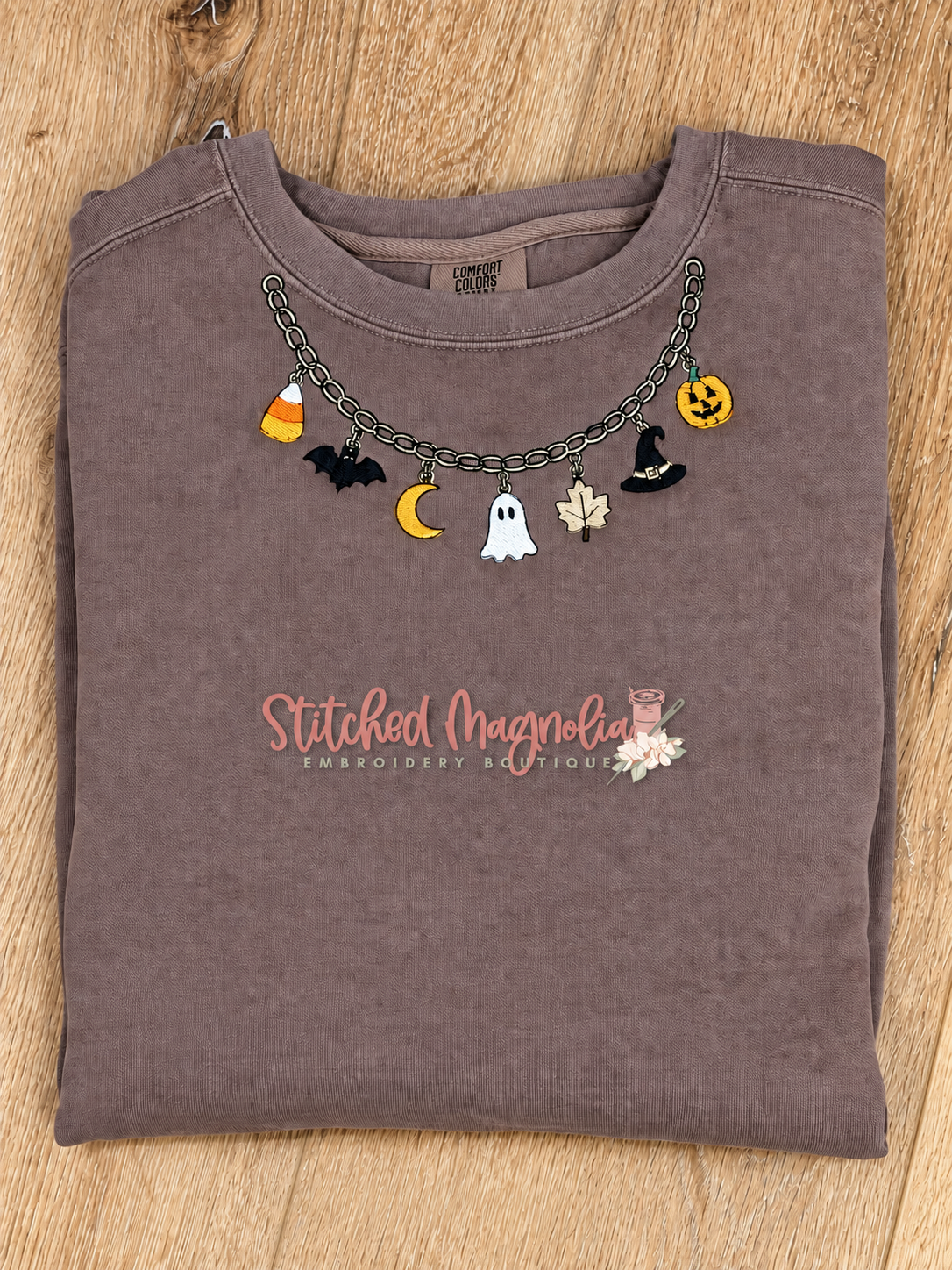 Halloween Charm Necklace Embroidered Sweatshirt | Comfort Colors