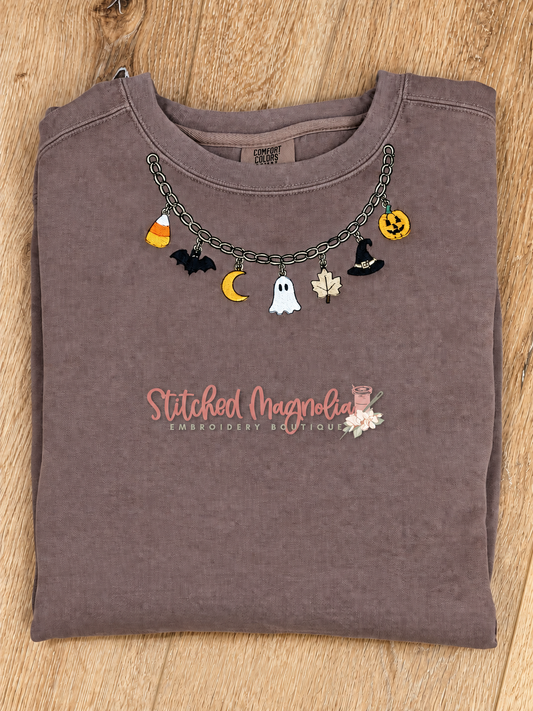 Halloween Charm Necklace Embroidered Sweatshirt | Comfort Colors