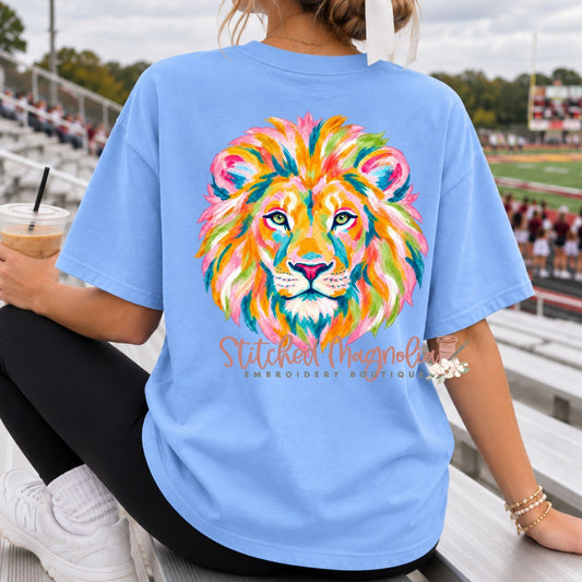 Colorful Lions Tee – Lion Back & Left-Chest Paw