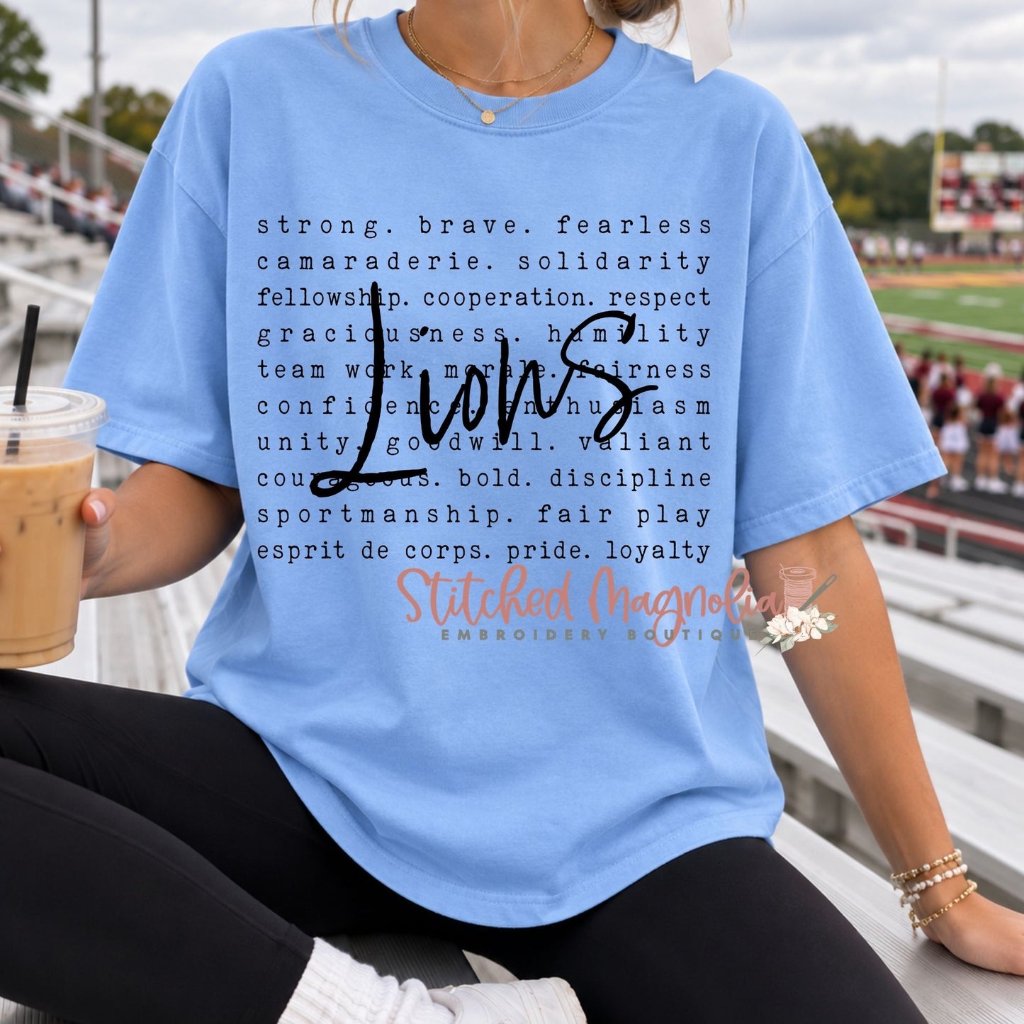 Lions Team Spirit Words Tee – Blue with Black Script