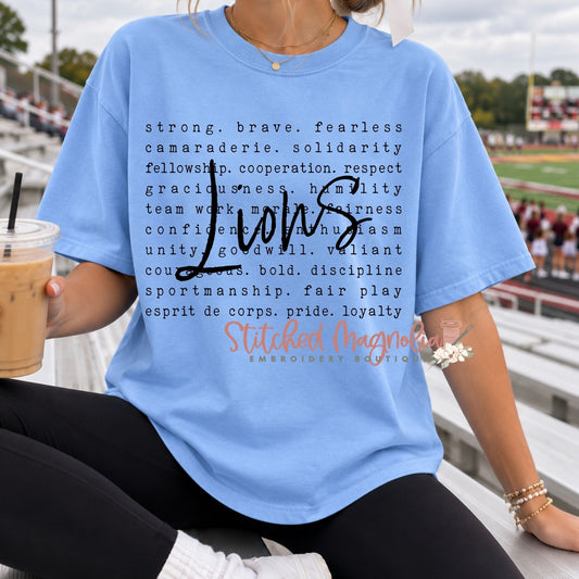 Lions Team Spirit Words Tee – Blue with Black Script