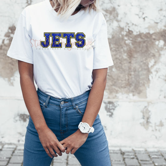 Lake Castle Jets Faux Embroidery Faux Sequin Graphic Tee | Unisex | Athletic Font | Faux Embroidery
