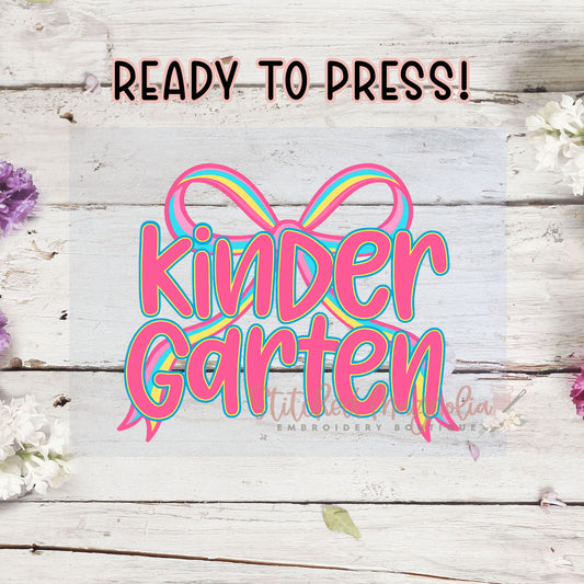 Single DTF Transfer - Kindergarten Rainbow Bow | Heat Press Ready