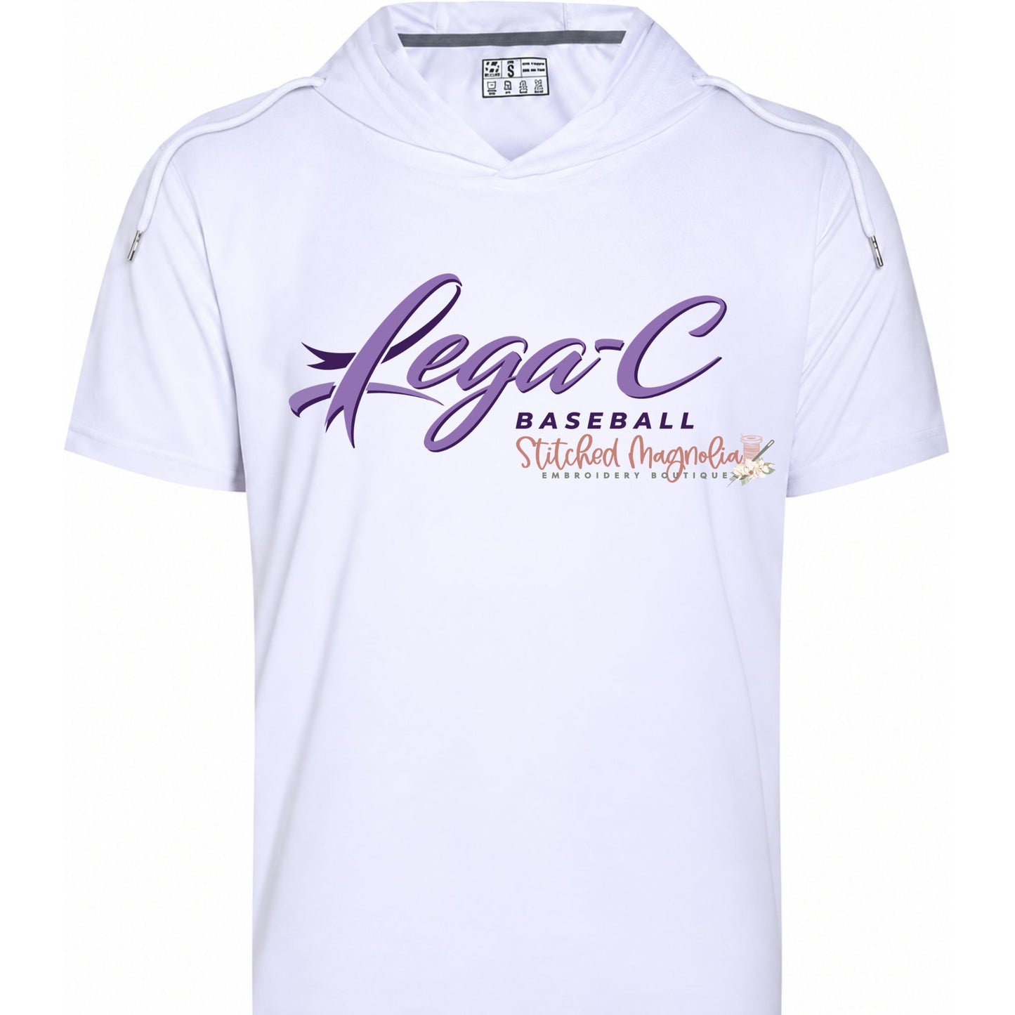 White short sleeve pullover hoodie with purple Lega-C script and dark BASEBALL lettering